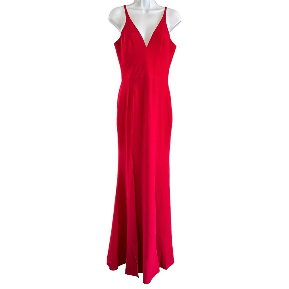 Dress the Population Women's Ruby Red Spaghetti Strap Plunging Long Dress Small